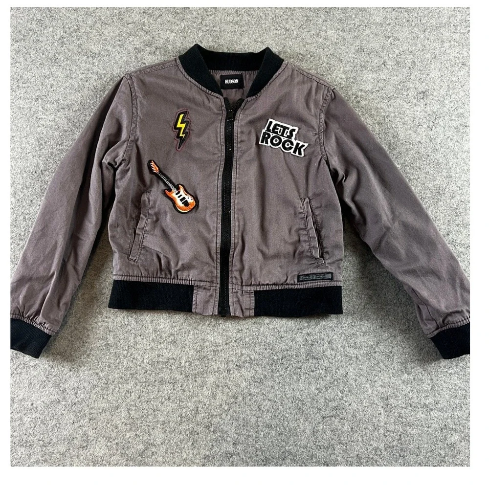 Hudson Kids Gray Rock and Roll Patch Bomber Jacket Size 5 Full Zip Cotton Coat